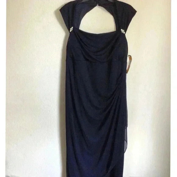 ILE EVENING Jeweled Cap Sleeve Jersey Navy Maxi Dress Cutout Ruching Formal 18W - Picture 2 of 14